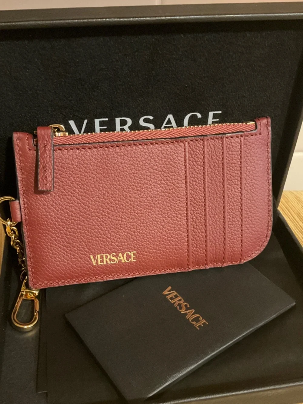 Versace Burgundy Leather Card & Key Pouch with Gold Medusa Charm - Picture 2 of 9